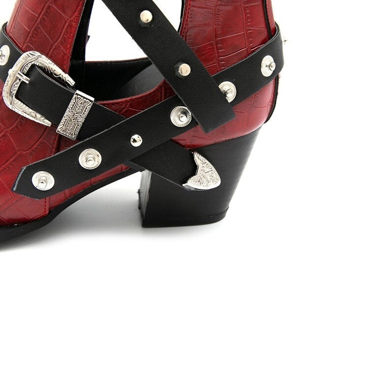 Close-up of ladies chunky high-heel ankle boots with buckles and rivets, featuring a stylish pointed toe and unique red design.