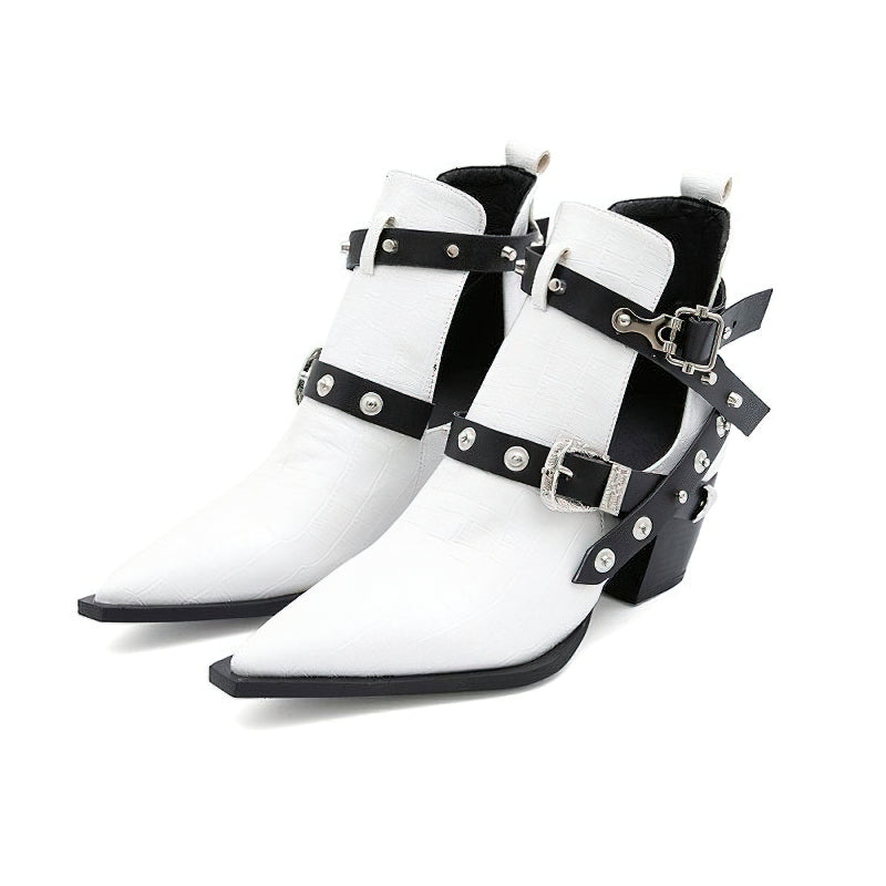 Stylish white chunky high-heel ankle boots with pointed toe and buckles, perfect for trendy outfits and cosplay.