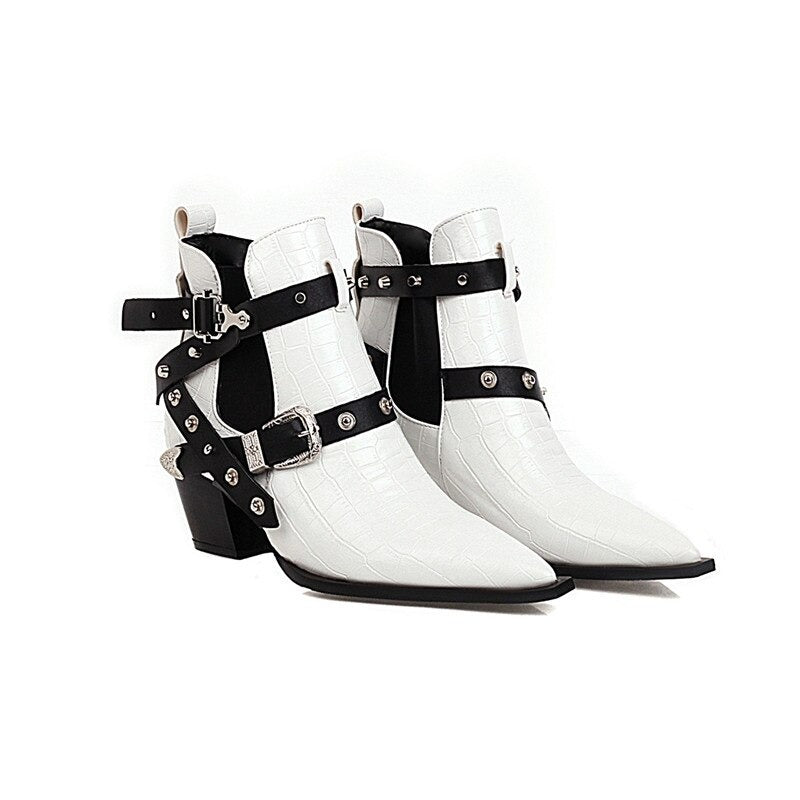 Ladies chunky high-heel ankle boots with pointed toe, stylish buckles, and rivets, perfect for trendy outfits.