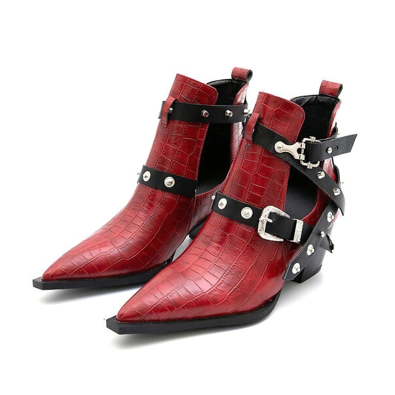 Ladies chunky red ankle boots with pointed toe, buckles, and rivets - trendy PU leather footwear.