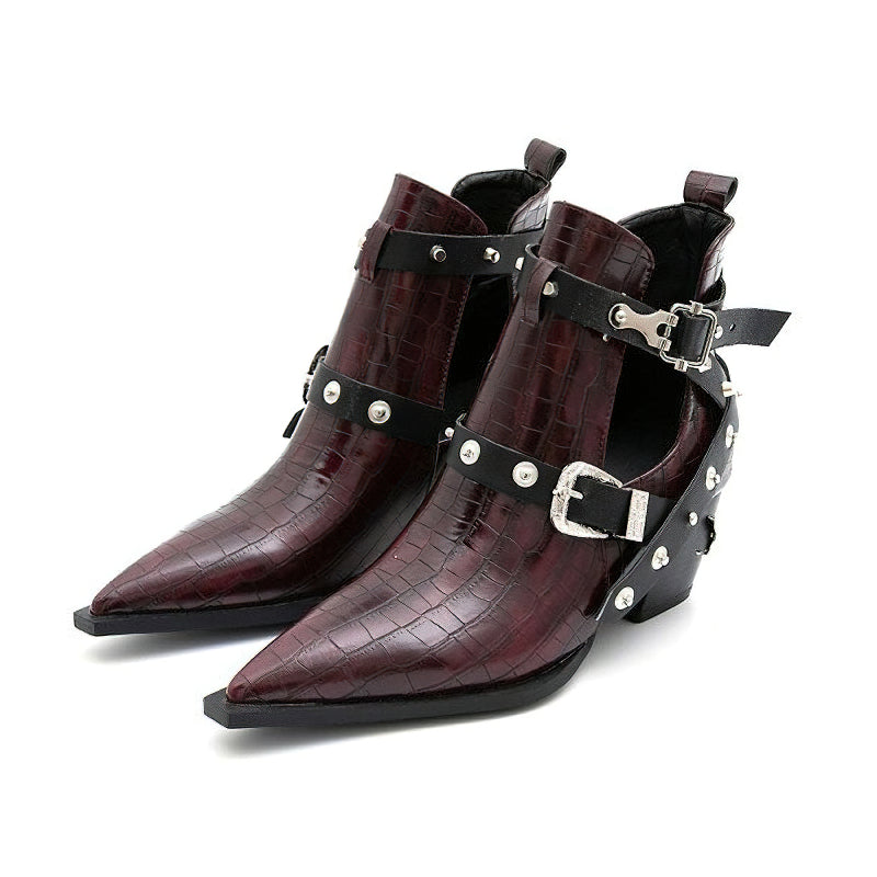 Ladies chunky high-heel ankle boots in deep burgundy with buckles and rivets, perfect for trendy cosplay outfits.
