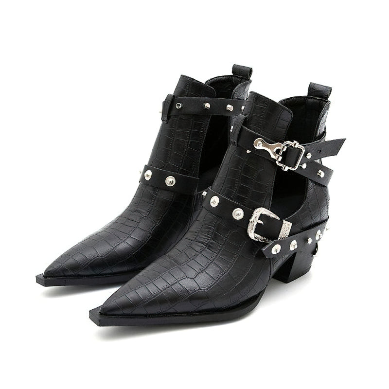 Ladies chunky high-heel ankle boots with pointed toe, buckles, and rivets; trendy PU leather fashion footwear.