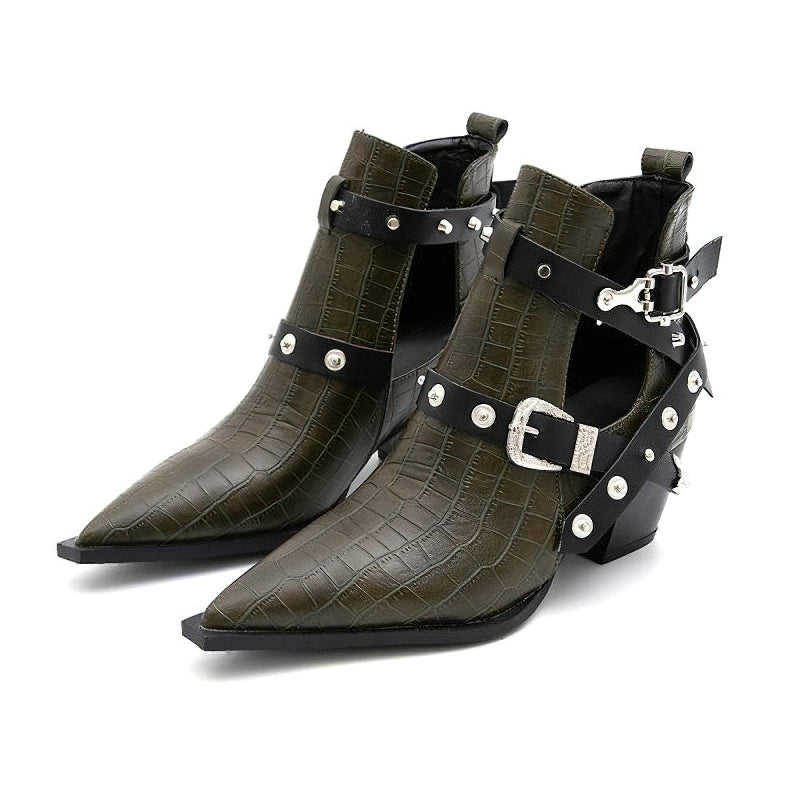 Ladies chunky ankle boots in dark green with pointed toe, buckles, and rivets - perfect trendy footwear for cosplay.