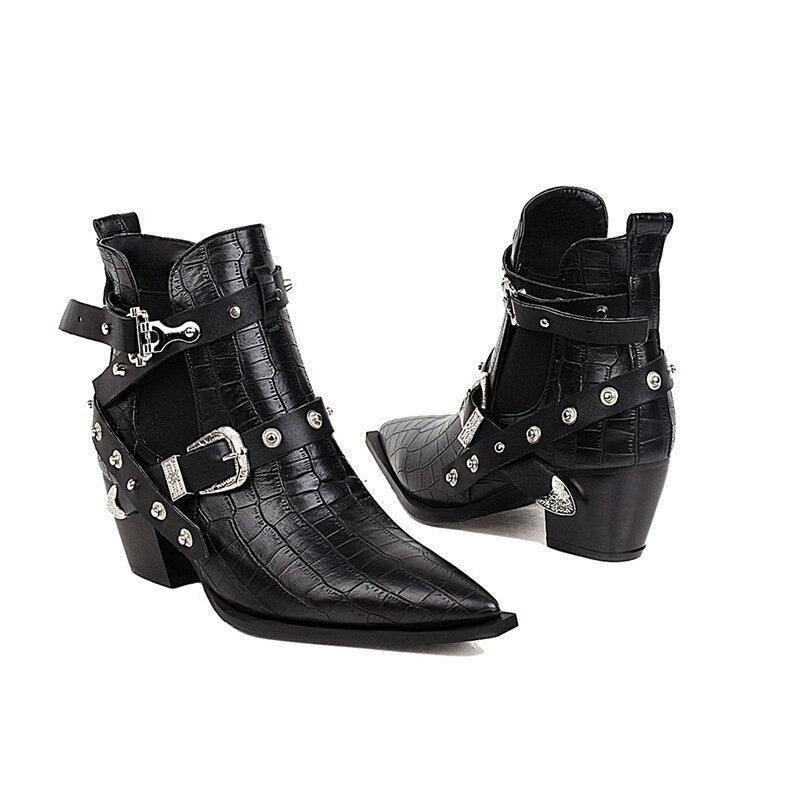 Ladies chunky high-heel ankle boots with pointed toe, buckles, and rivets, perfect for trendy cosplay outfits.