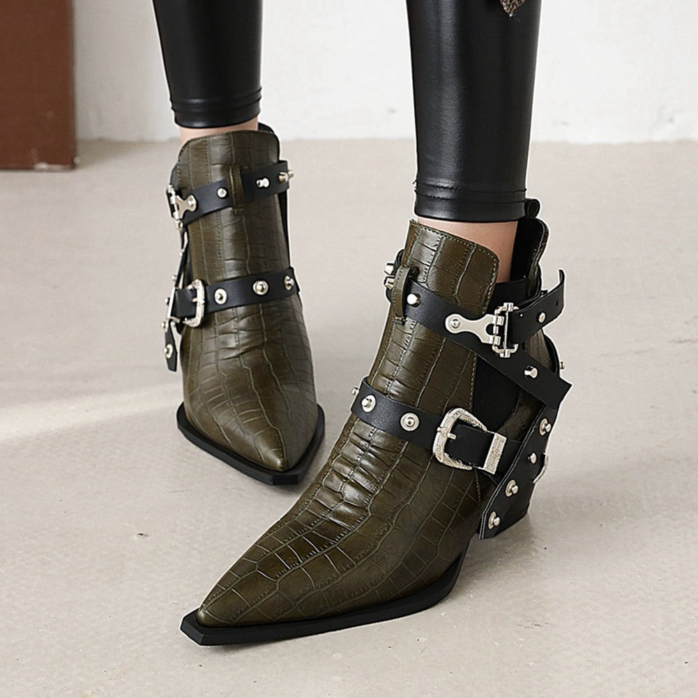 Ladies chunky high-heel ankle boots with pointed toe and buckles in stylish olive green.