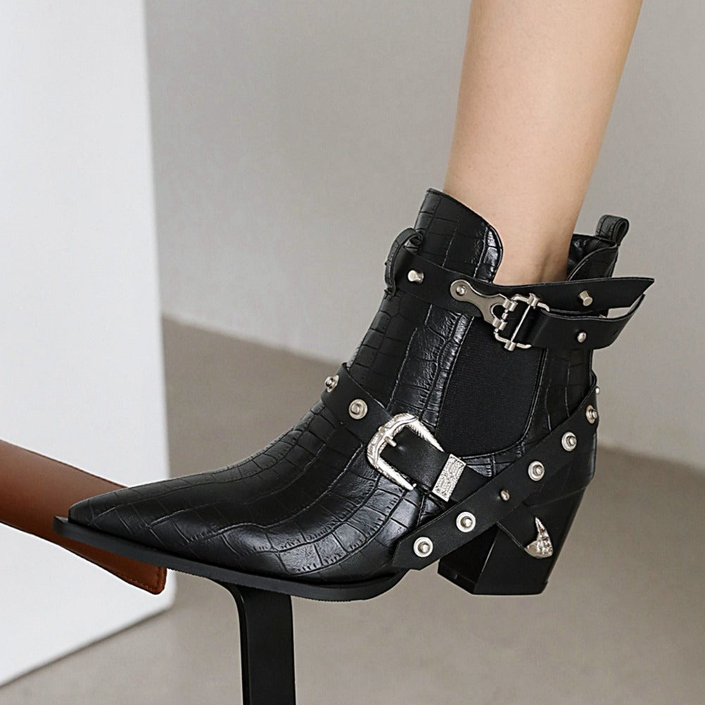 Ladies Chunky High-Heels Ankle Boots Pointed Toe / Boots for Women with Buckles and Rivets - HARD'N'HEAVY