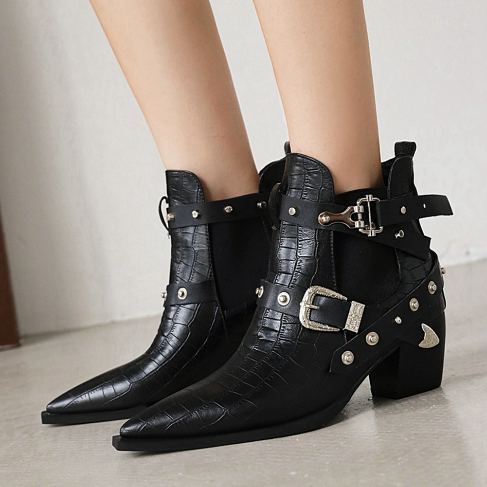 Ladies chunky high-heeled ankle boots with buckles and rivets, stylish pointed toe design for trendy outfits.