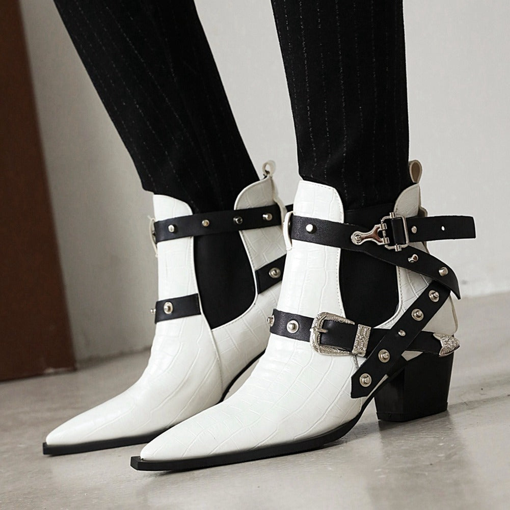 Stylish white chunky ankle boots with pointed toe and black buckles, perfect for trendy cosplay outfits.