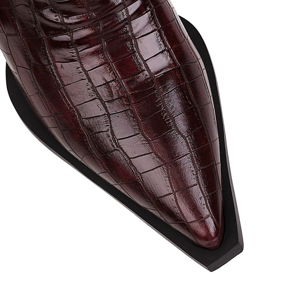Close-up of ladies chunky high-heel ankle boots with a pointed toe and shiny burgundy PU leather finish.