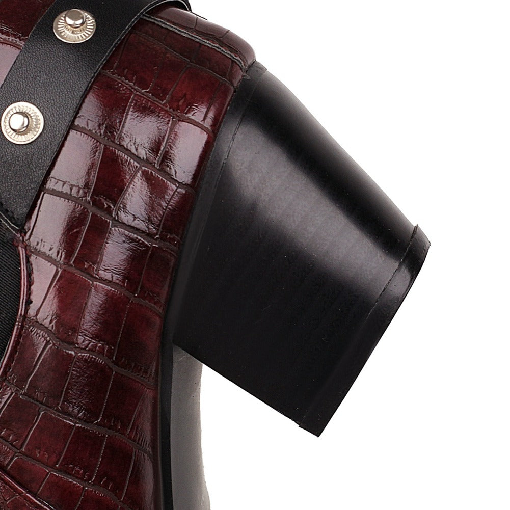 Close-up of ladies chunky high-heel ankle boot with burgundy crocodile texture and black heel.