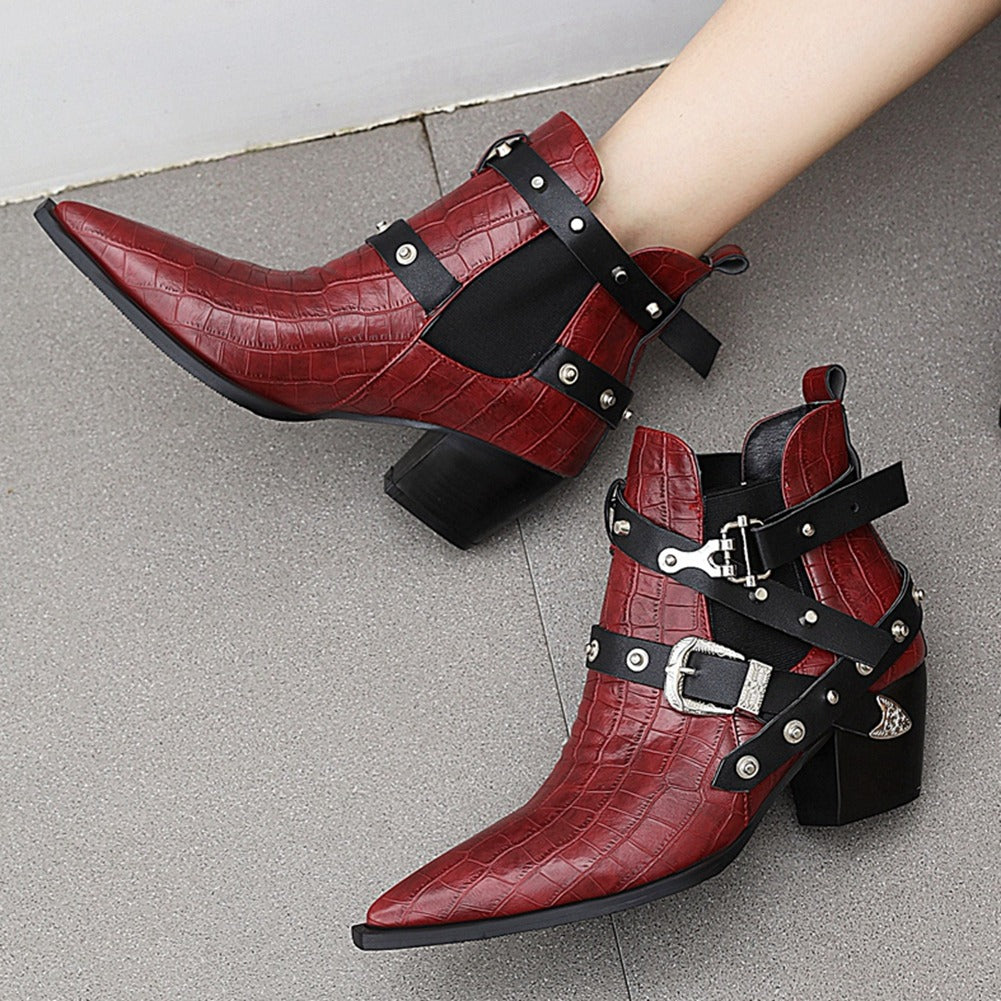 Ladies chunky high-heel ankle boots in red with pointed toe, buckles, and rivets for stylish comfort.