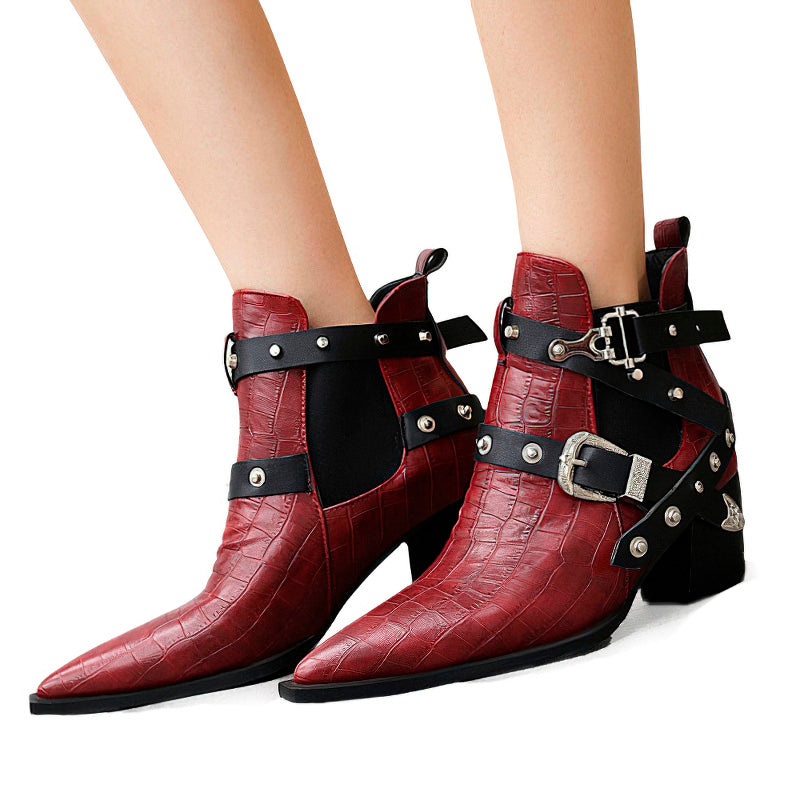 Ladies chunky high-heels ankle boots with pointed toe, buckles, and rivets in red, perfect for trendy outfits and cosplay.