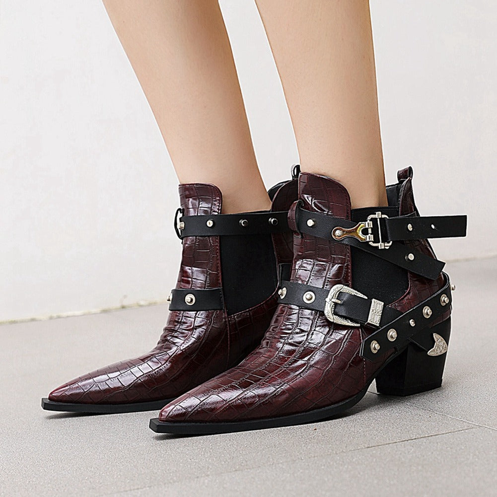 Ladies chunky high-heel ankle boots in burgundy with pointed toe, buckles, and rivets for trendy cosplay looks.