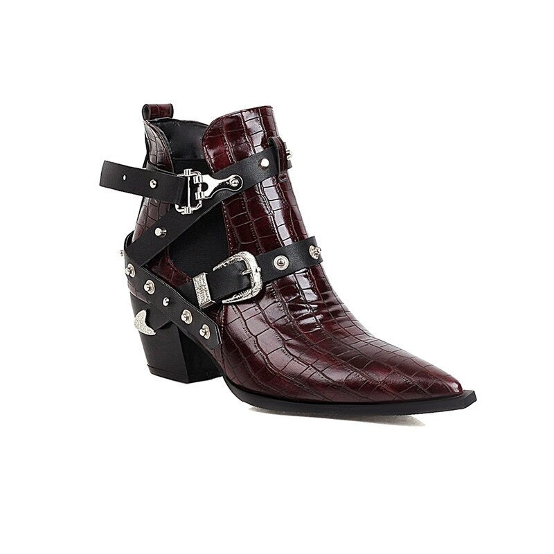 Ladies chunky high-heels ankle boots in burgundy with pointed toe, buckles, and rivets, perfect for trendy outfits.