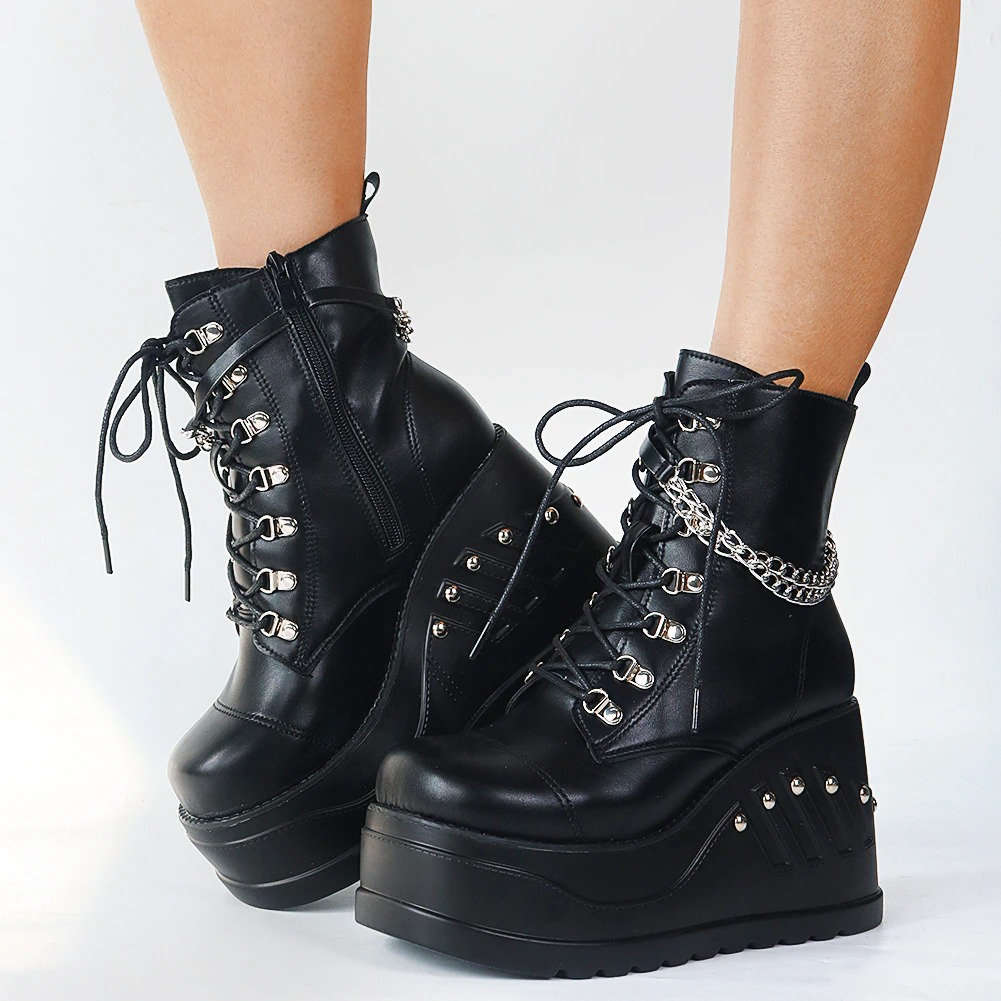 Ladies Fashion PU Leather Ankle Boots / Gothic Style Women's Shoes with Lace up & Chain - HARD'N'HEAVY