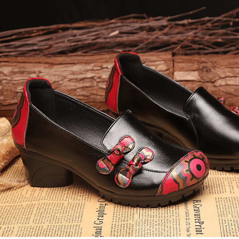Ladies Genuine Leather Mid Heel Shoes / Stylish Round Toe Loafers with Bow-knot