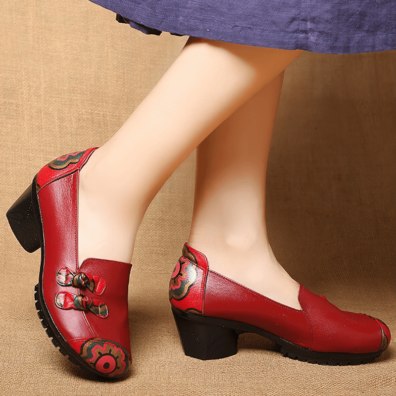Ladies Genuine Leather Mid Heel Shoes / Stylish Round Toe Loafers with Bow-knot