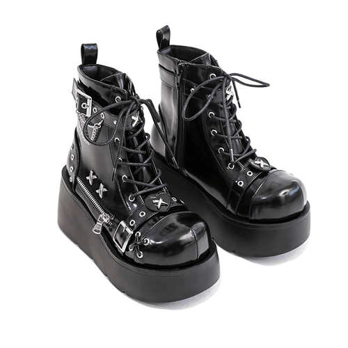 Botas de tobillo con plataforma y hebilla gótica para mujer/Botas de cuña punk con remaches y cremallera a la moda