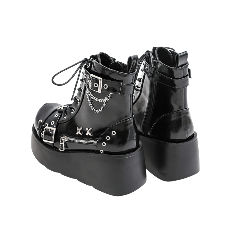 Ladies goth buckle platform ankle boots with rivets and chains, perfect for a stylish punk wardrobe.