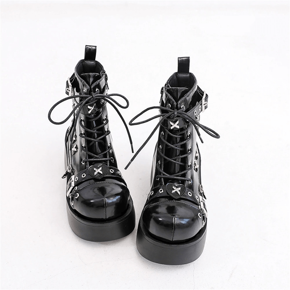 Ladies Gothic buckle platform ankle boots with rivets and lace detailing, perfect for punk-inspired fashion.