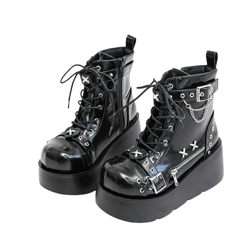 Ladies goth buckle platform ankle boots with lace-up design and punk-style rivets for a bold fashion statement.
