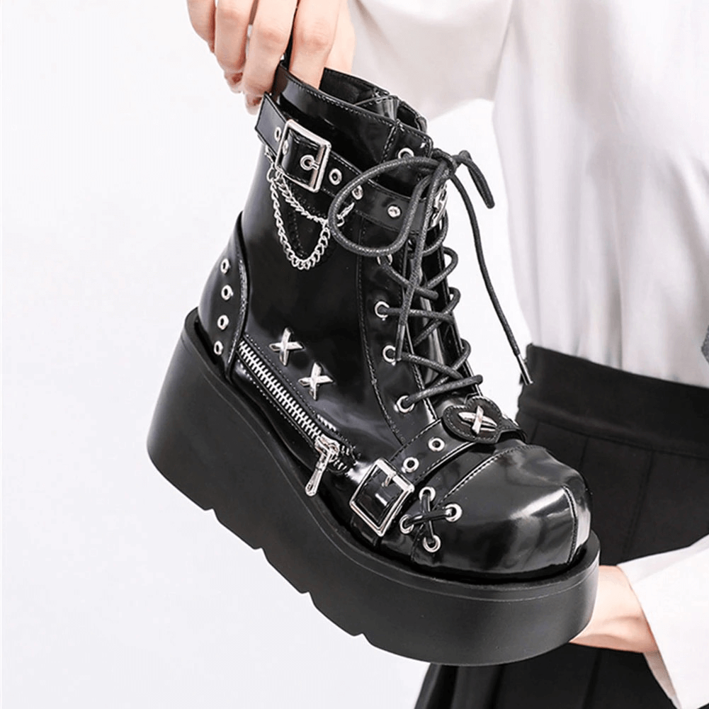 Ladies Goth Buckle Platform Ankle Boots / Zip Rivet Wedges Boots