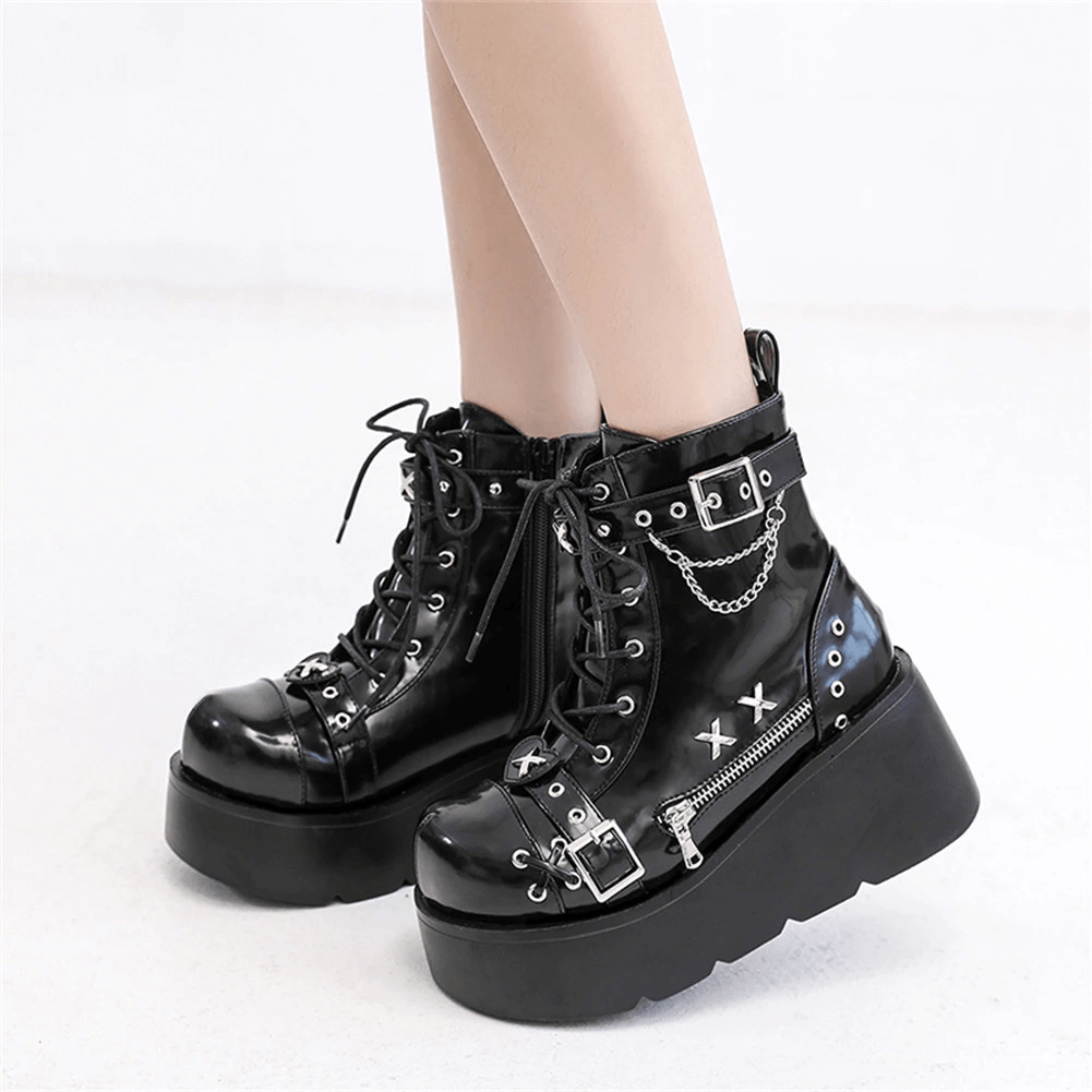 Ladies Goth Buckle Platform Ankle Boots / Fashion Zip Rivet Punk Wedges Boots