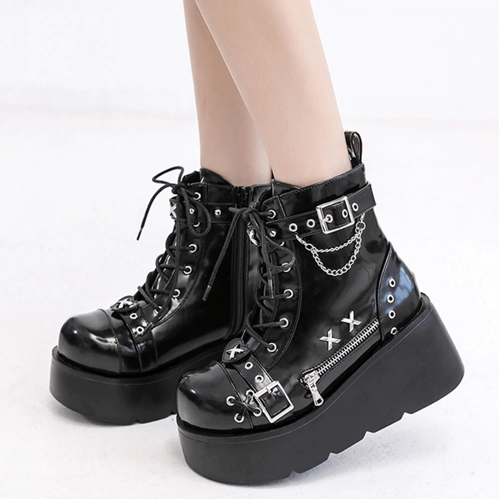 Ladies Goth Buckle Platform Ankle Boots / Zip Rivet Wedges Boots
