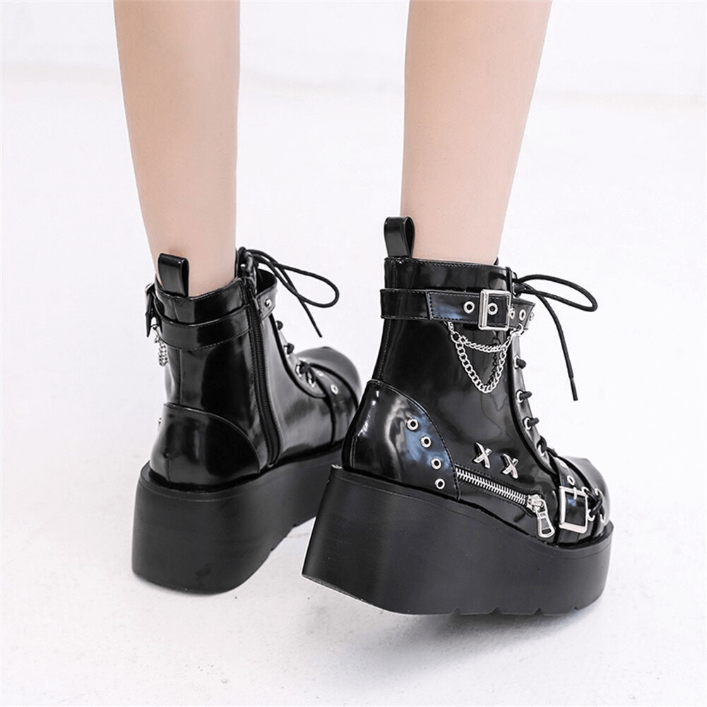 Ladies Gothic buckle platform ankle boots with rivet details and chunky heel, perfect for punk style outfits.