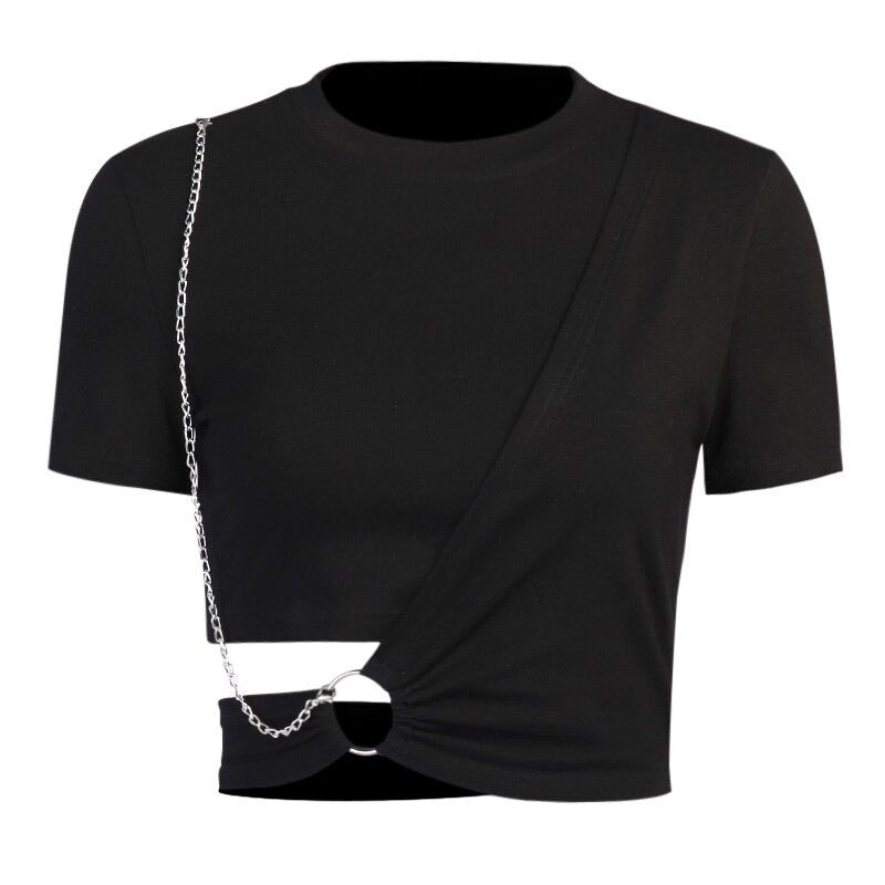 Ladies Gothic style black crop top with decorative chain and asymmetrical design for a fierce look.