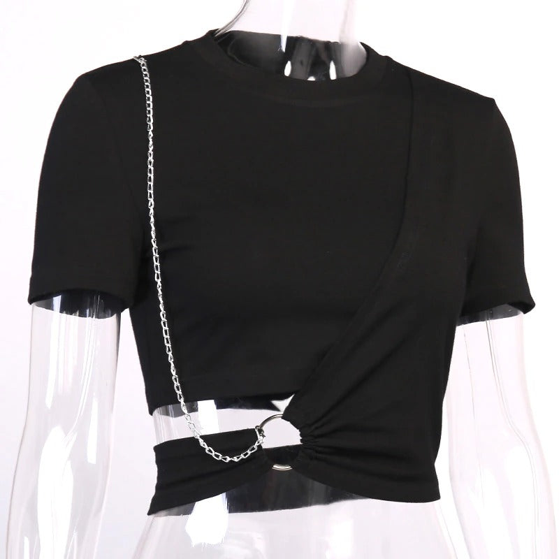 Ladies Gothic Style Black Crop Top / Cool T-shirt with Decoration Chain - HARD'N'HEAVY