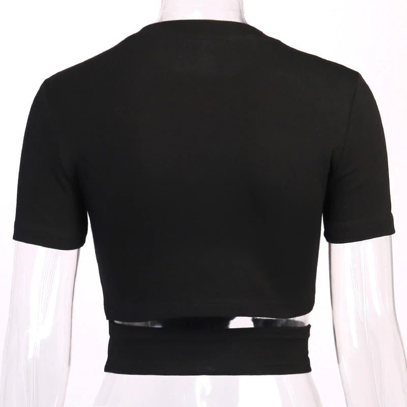 Back view of ladies gothic black crop top with stylish asymmetrical design and hollow-out side.