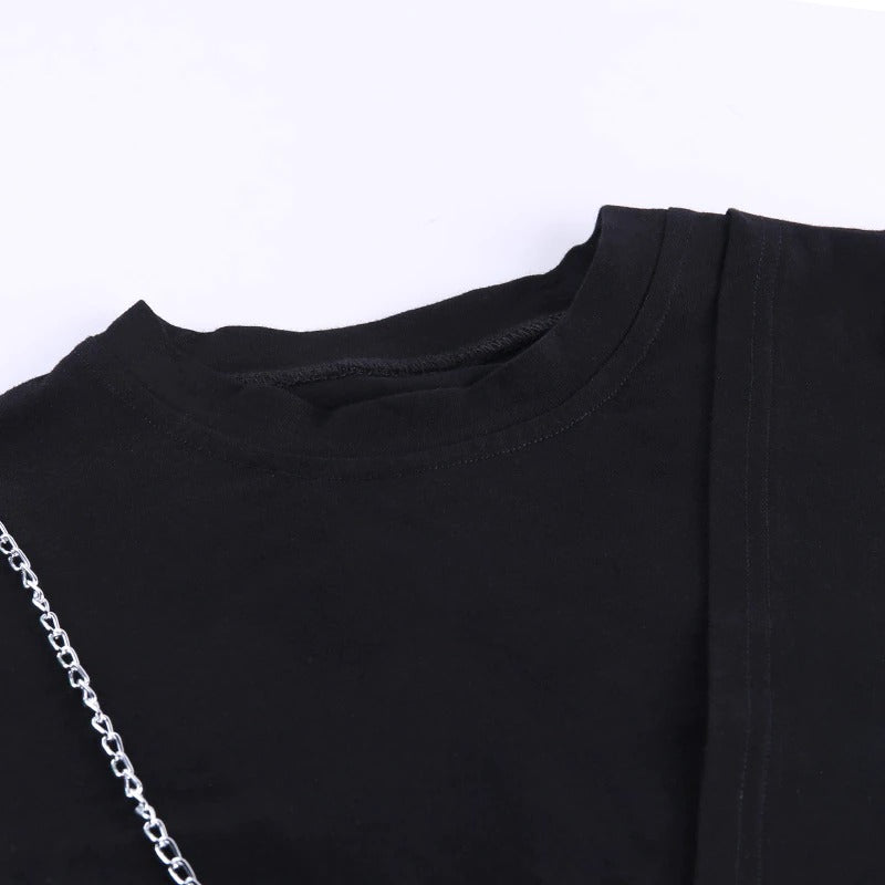 Ladies gothic black crop top with decorative chain and asymmetrical design for a fierce style.