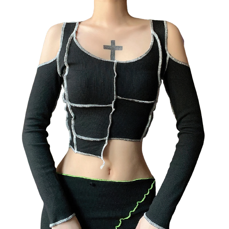 Ladies Gothic Top with Long Sleeves / Fashion Spring Patchwork Crop T-Shirts - HARD'N'HEAVY