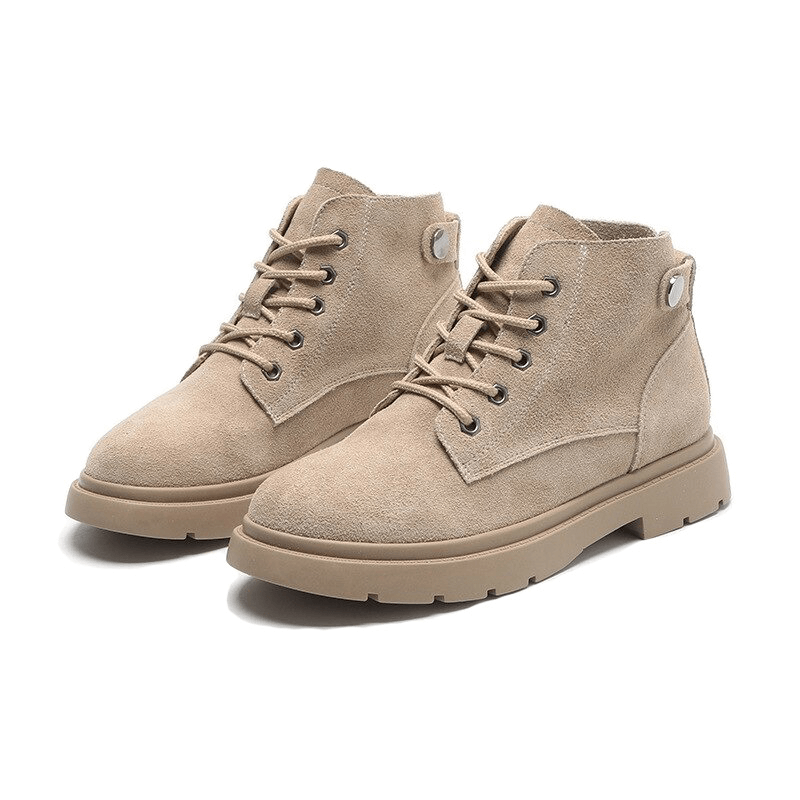 Ladies lace up fur suede ankle boots, stylish platform short boots for alternative footwear.