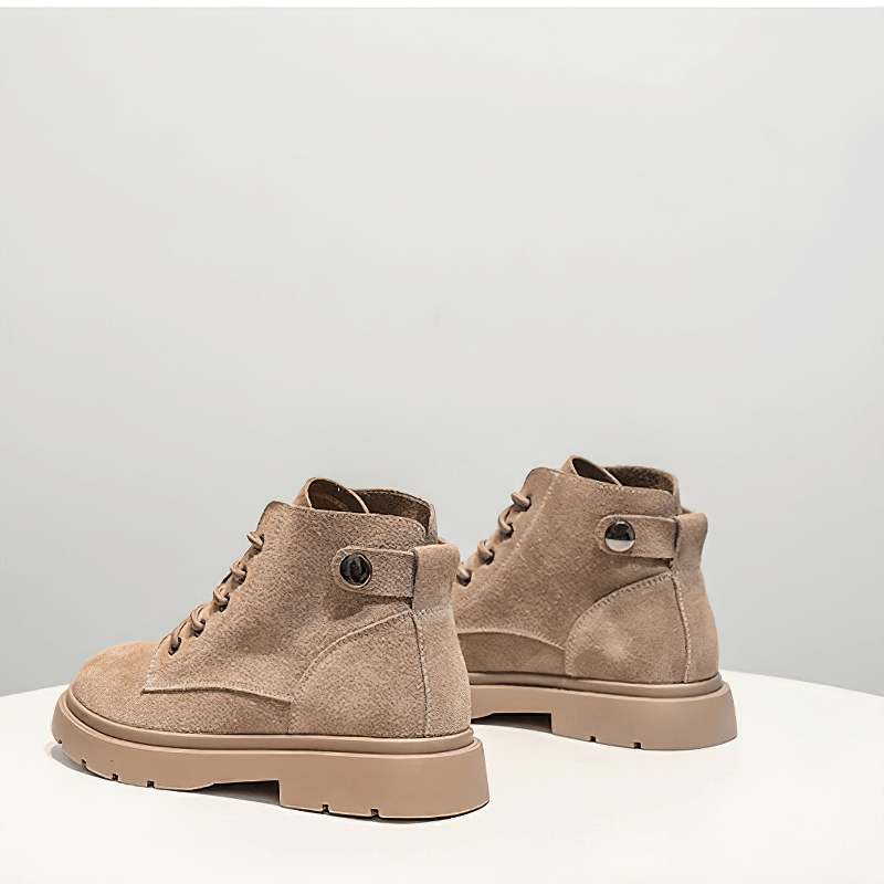 Stylish ladies lace up fur suede ankle shoes with platform soles in beige, perfect for trendy alternative footwear.