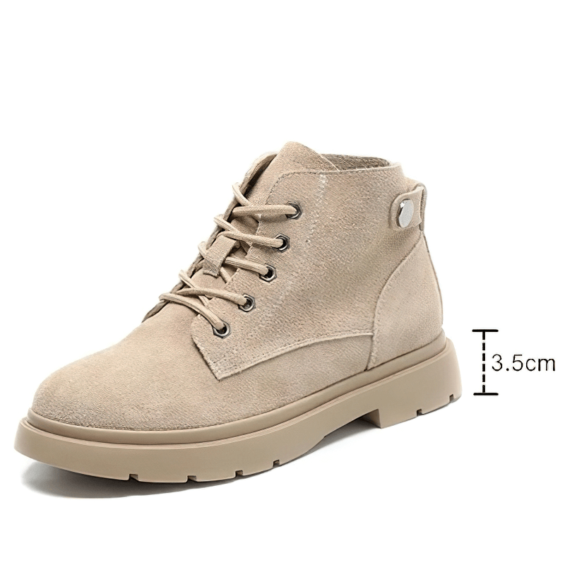 Stylish beige lace-up fur suede ankle boots with 3.5cm platform sole for women's trendy alternative footwear.