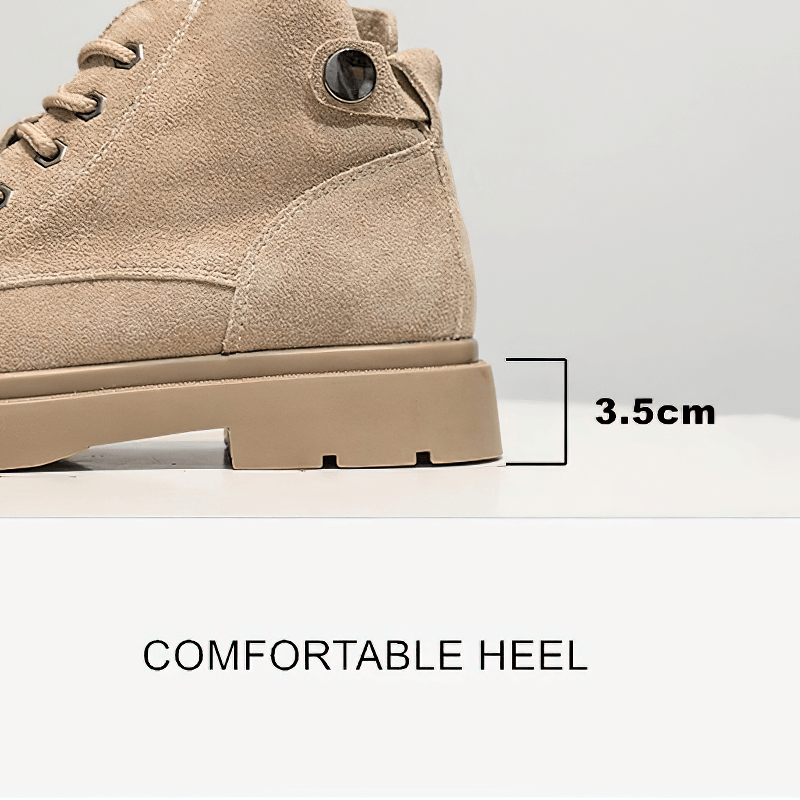 Close-up of ladies suede ankle boots with 3.5cm comfortable heel, showcasing stylish platform design.