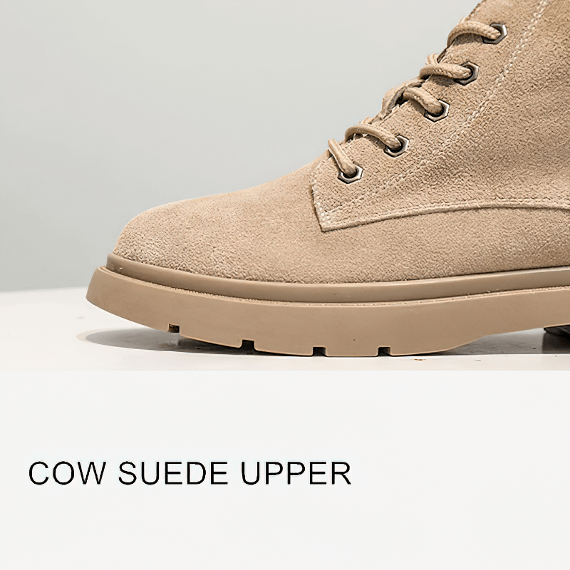 Close-up of ladies' lace-up ankle boots showcasing cow suede upper and stylish platform sole.