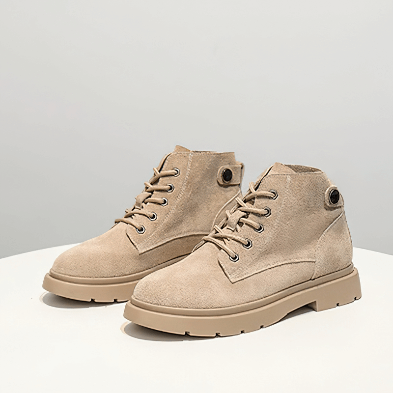 Ladies lace up suede ankle boots with platform sole in beige, offering stylish alternative footwear for every occasion.