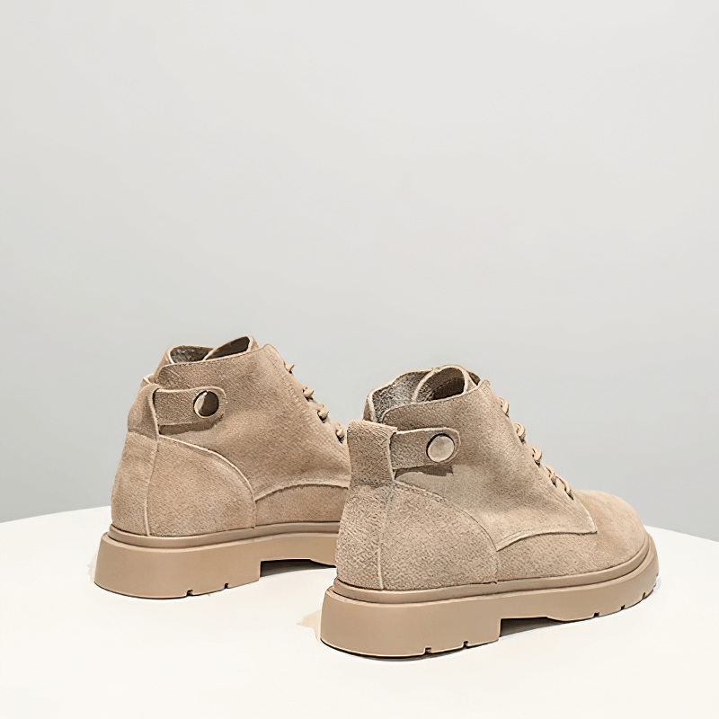 Stylish women's lace up fur suede ankle boots with platform soles in beige, perfect for trendy alternative footwear.