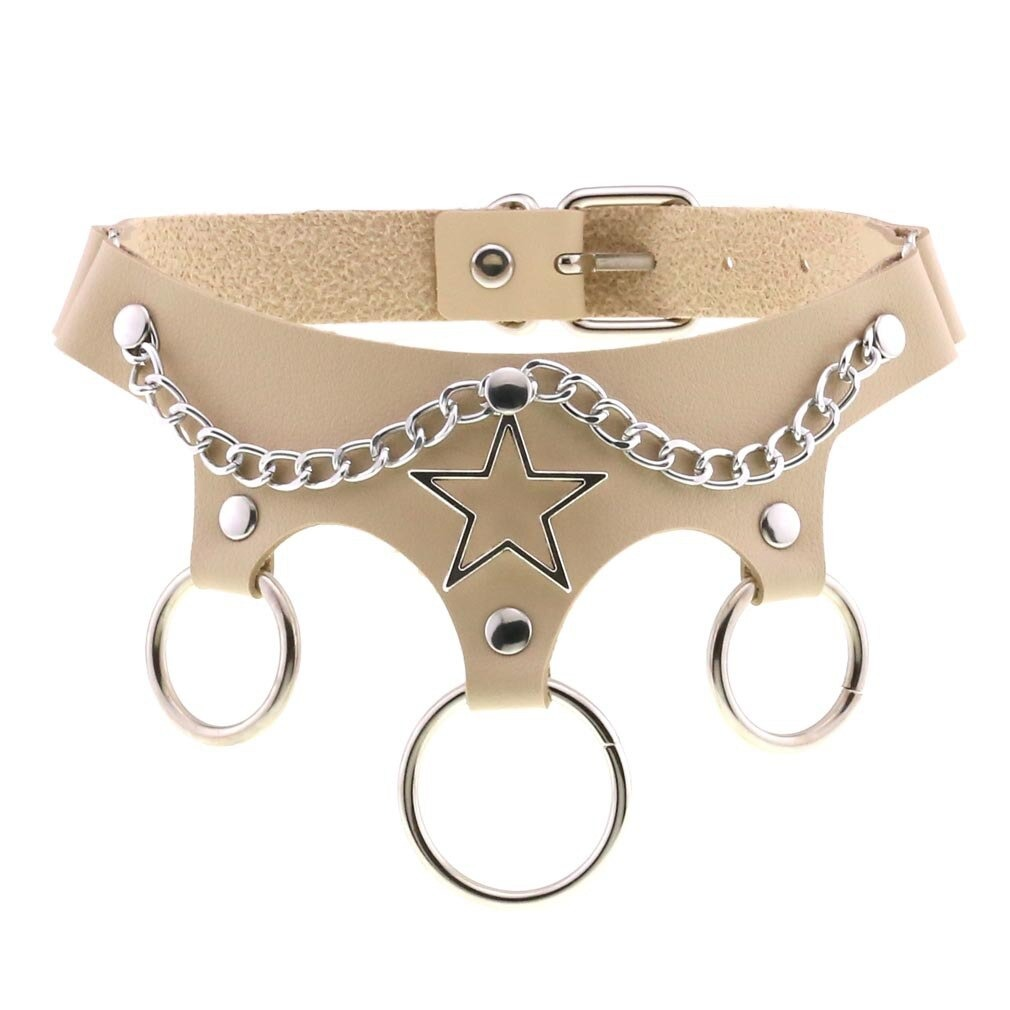 Stylish beige leather star choker with metal chains and rings for women, perfect punk accessory for cosplay.