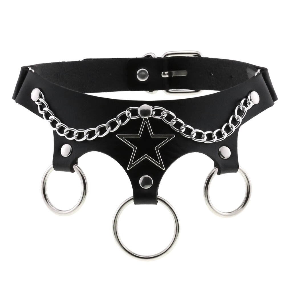 Ladies leather star choker with metal chains and rings, perfect punk style accessory for cosplay and fashion enthusiasts.