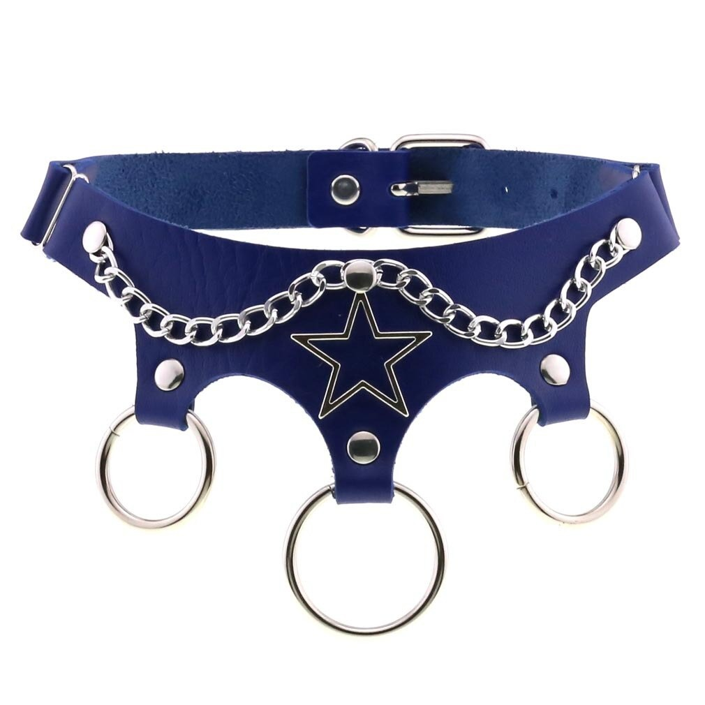 Ladies blue leather star choker with metal chains and rings, perfect for punk style and cosplay accessories.
