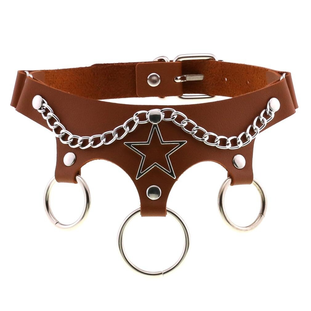 Brown PU leather choker with star design and metal chain, perfect punk accessory for women.