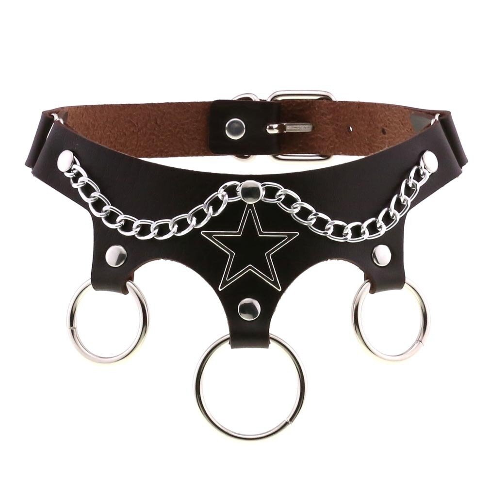 Ladies punk style black leather choker with star design and metal chains, perfect for cosplay and edgy fashion.