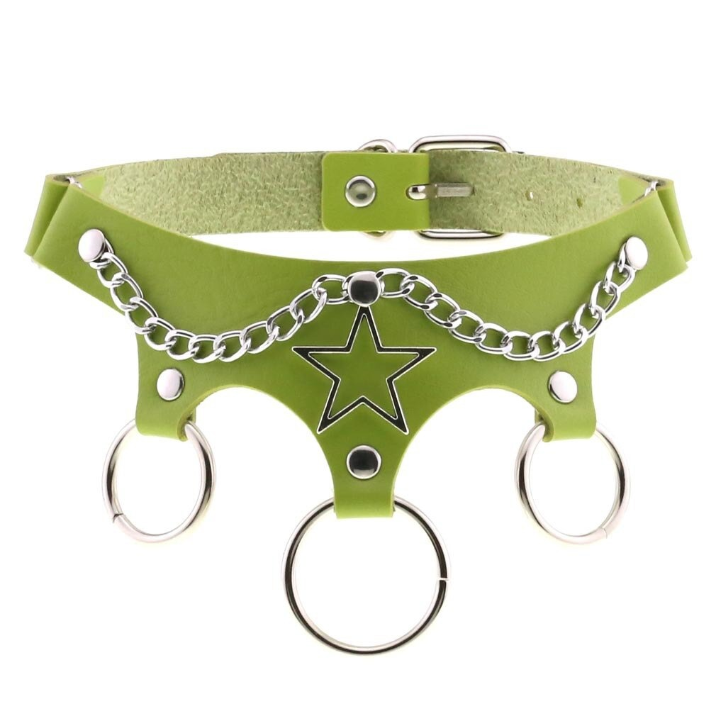 Stylish green leather star choker with metal chain and rings, perfect punk accessory for cosplay or casual wear.