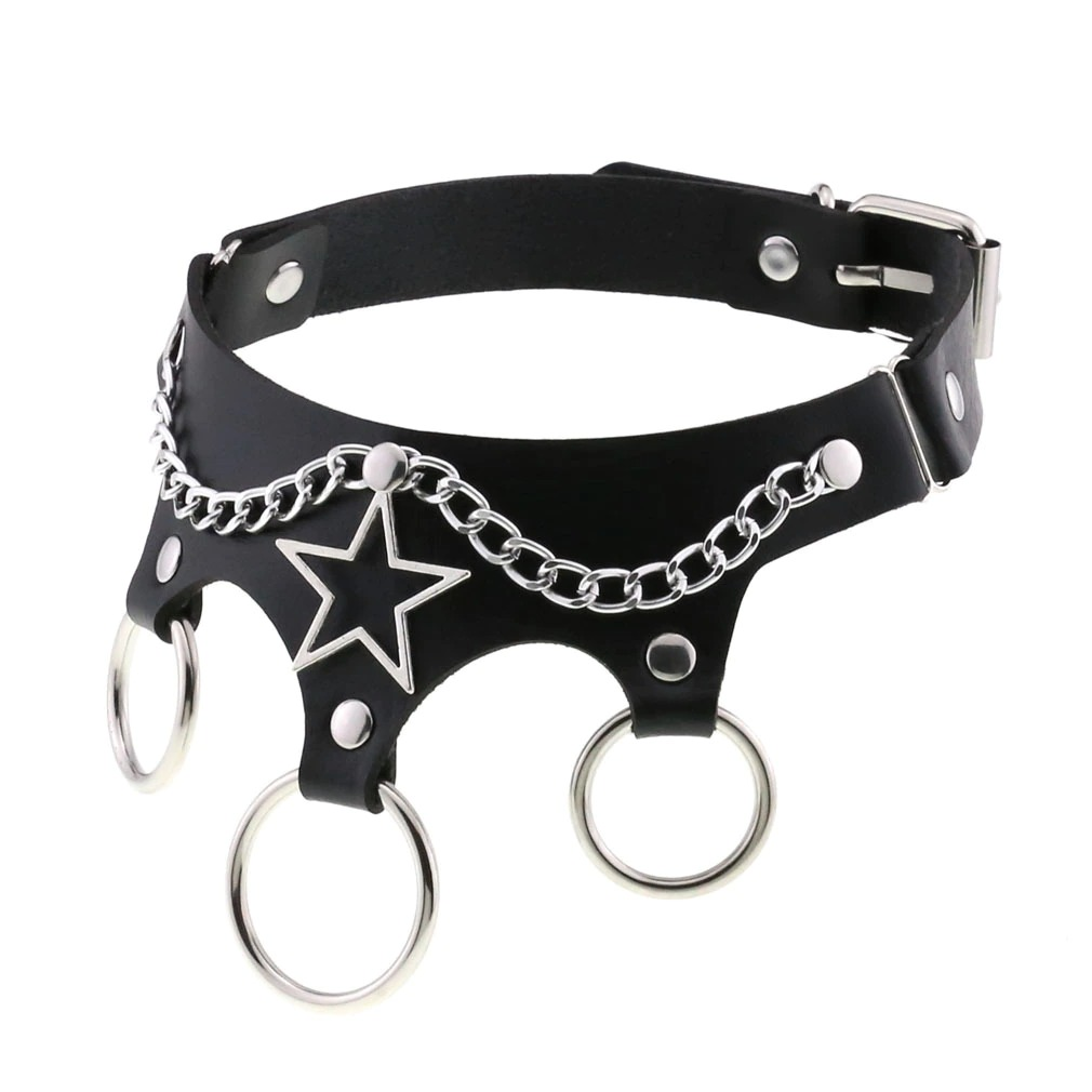 Ladies black leather star choker with silver chains and rings, perfect for punk style and cosplay accessories.