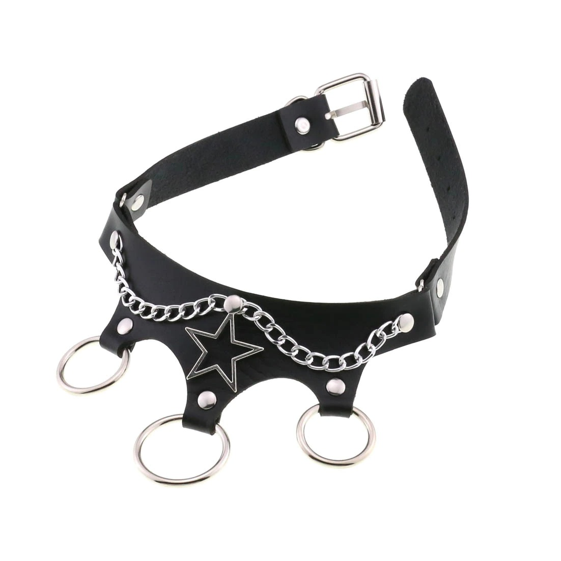 Punk style ladies black leather choker with star design and metal chains for a trendy, bold look.