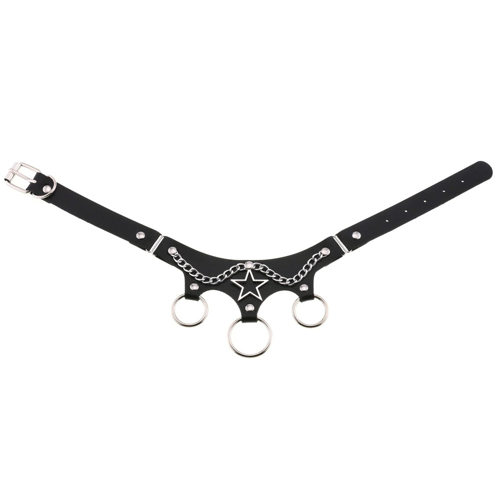 Ladies punk style leather choker with star and metal chains, perfect for cosplay or edgy fashion.